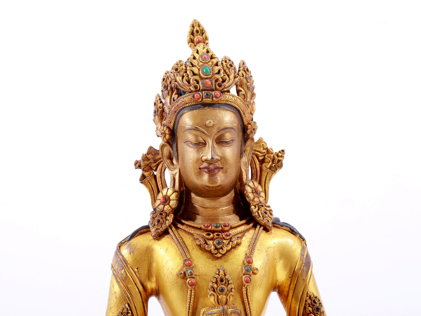 A solemn gilt bronze statue of Amitayus Buddha inlaid with hundreds of treasures