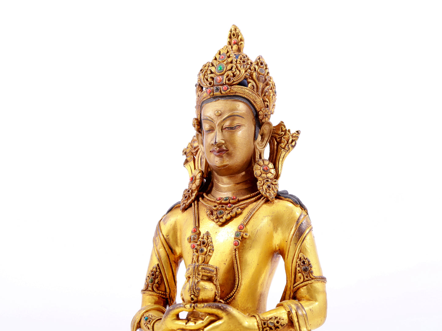 A solemn gilt bronze statue of Amitayus Buddha inlaid with hundreds of treasures