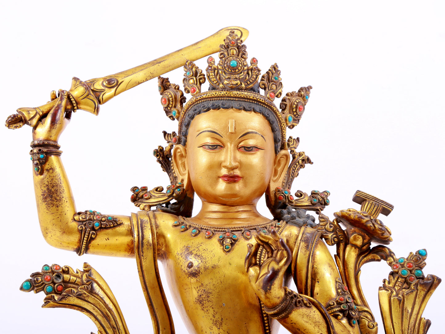 A solemn gilt bronze statue of Manjushri Bodhisattva inlaid with hundreds of treasures