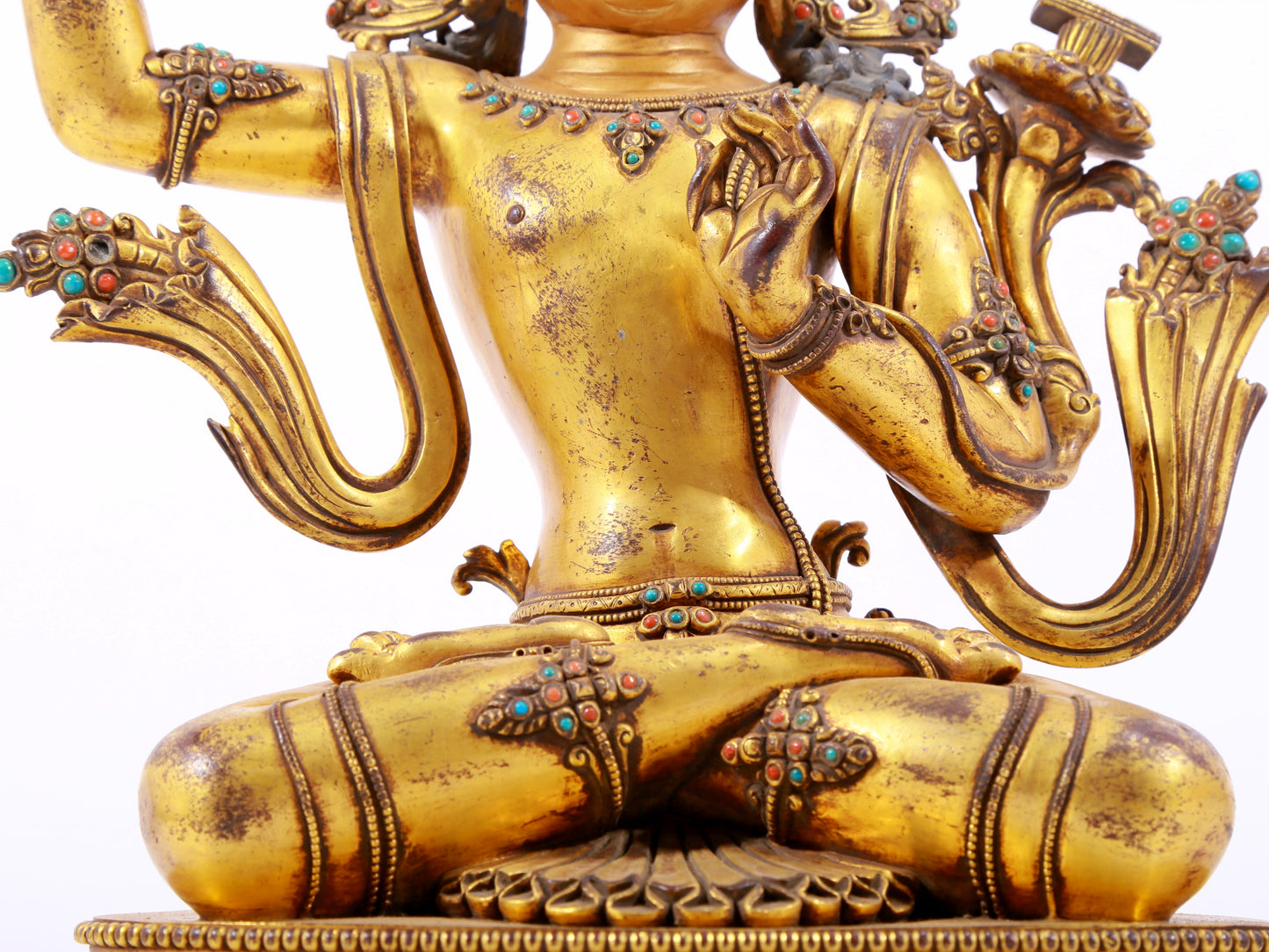 A solemn gilt bronze statue of Manjushri Bodhisattva inlaid with hundreds of treasures