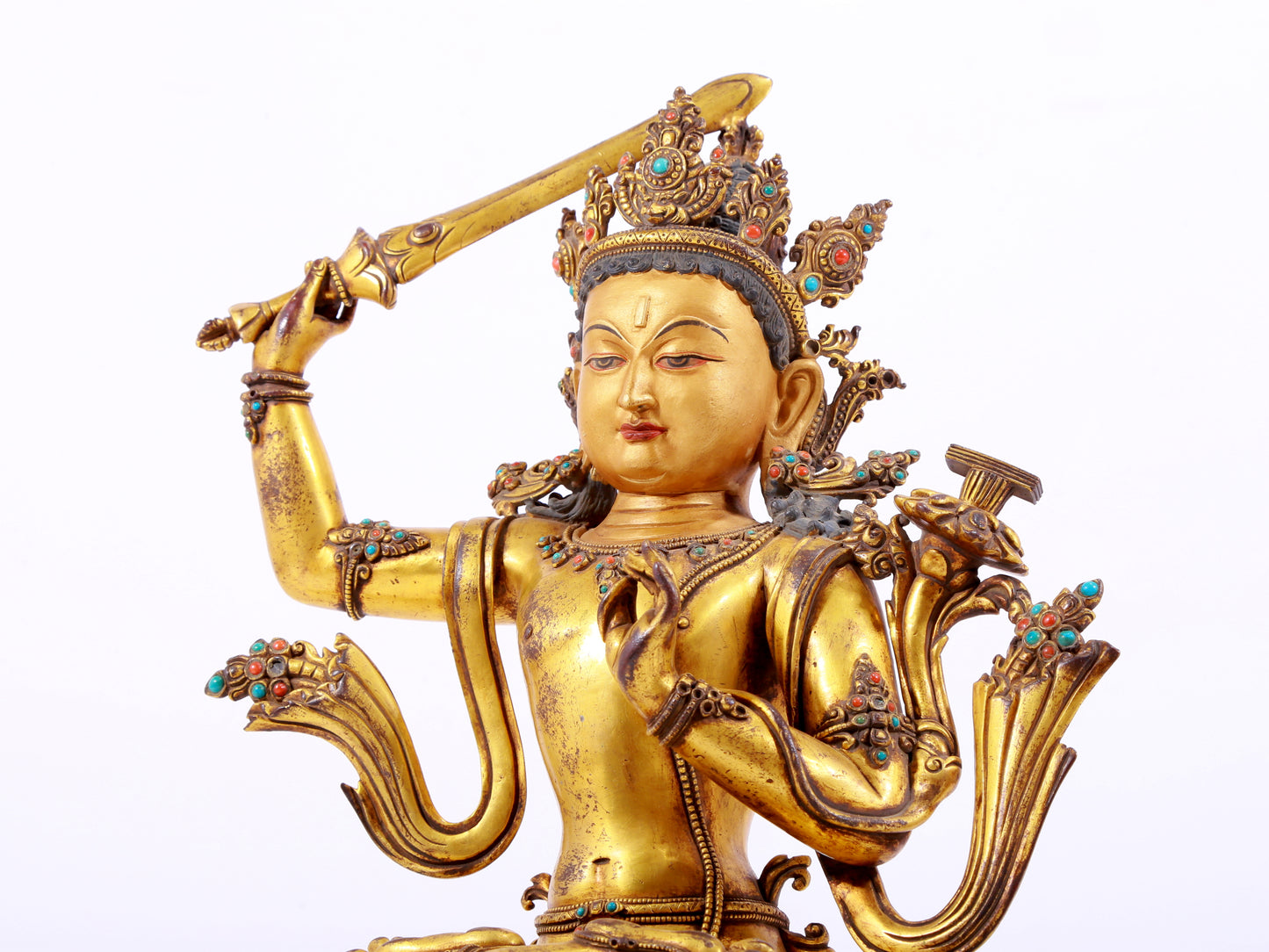 A solemn gilt bronze statue of Manjushri Bodhisattva inlaid with hundreds of treasures