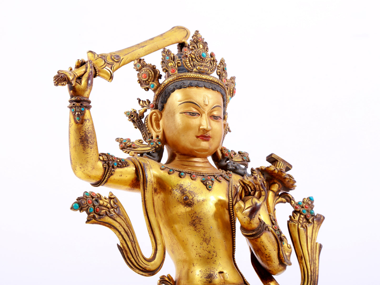 A solemn gilt bronze statue of Manjushri Bodhisattva inlaid with hundreds of treasures