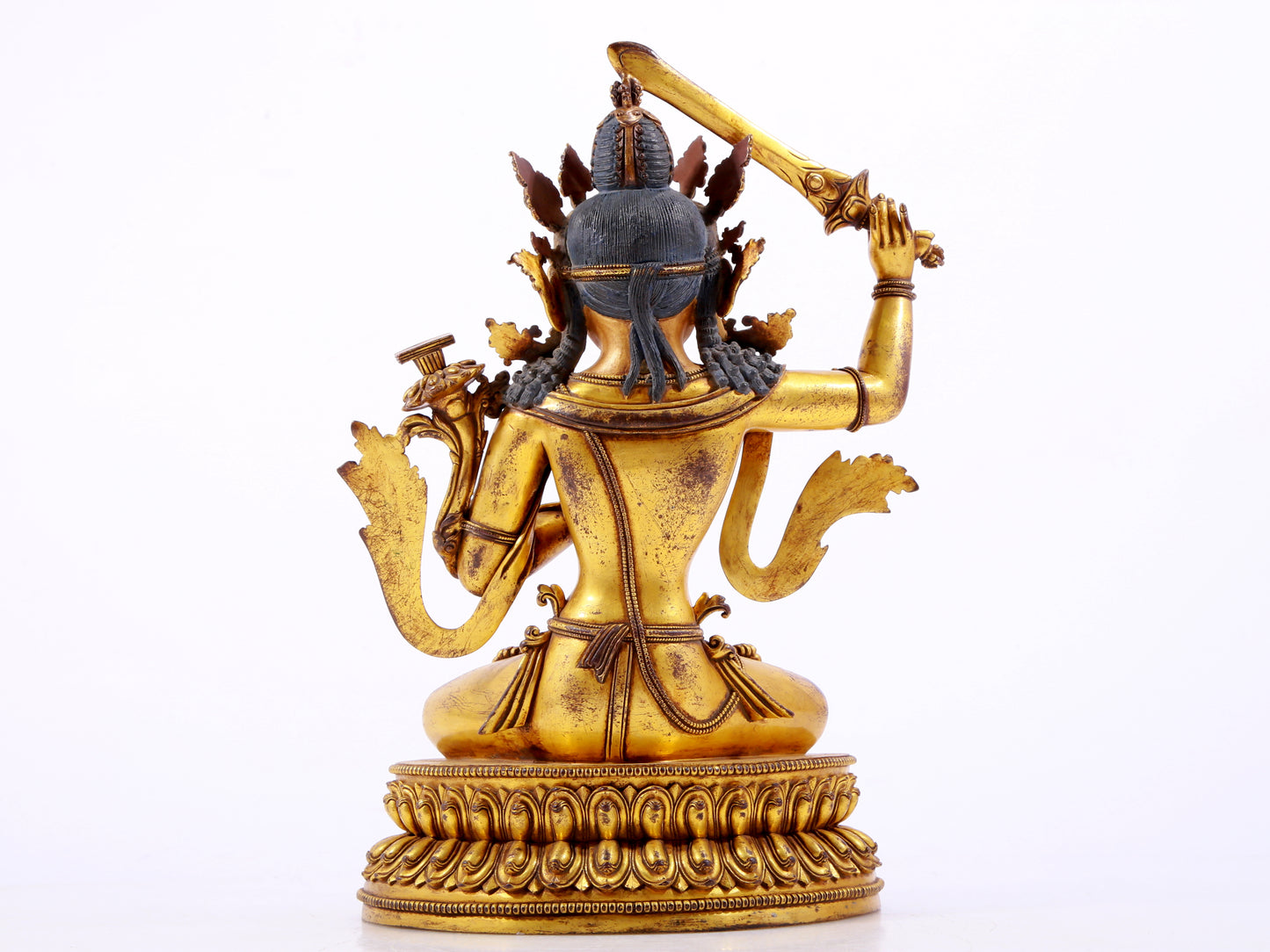 A solemn gilt bronze statue of Manjushri Bodhisattva inlaid with hundreds of treasures