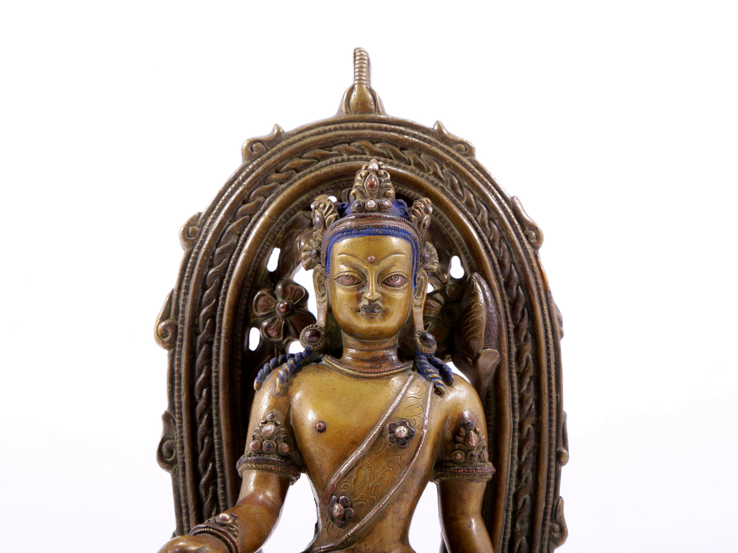 A solemn alloy copper inlaid silver-green Tara statue