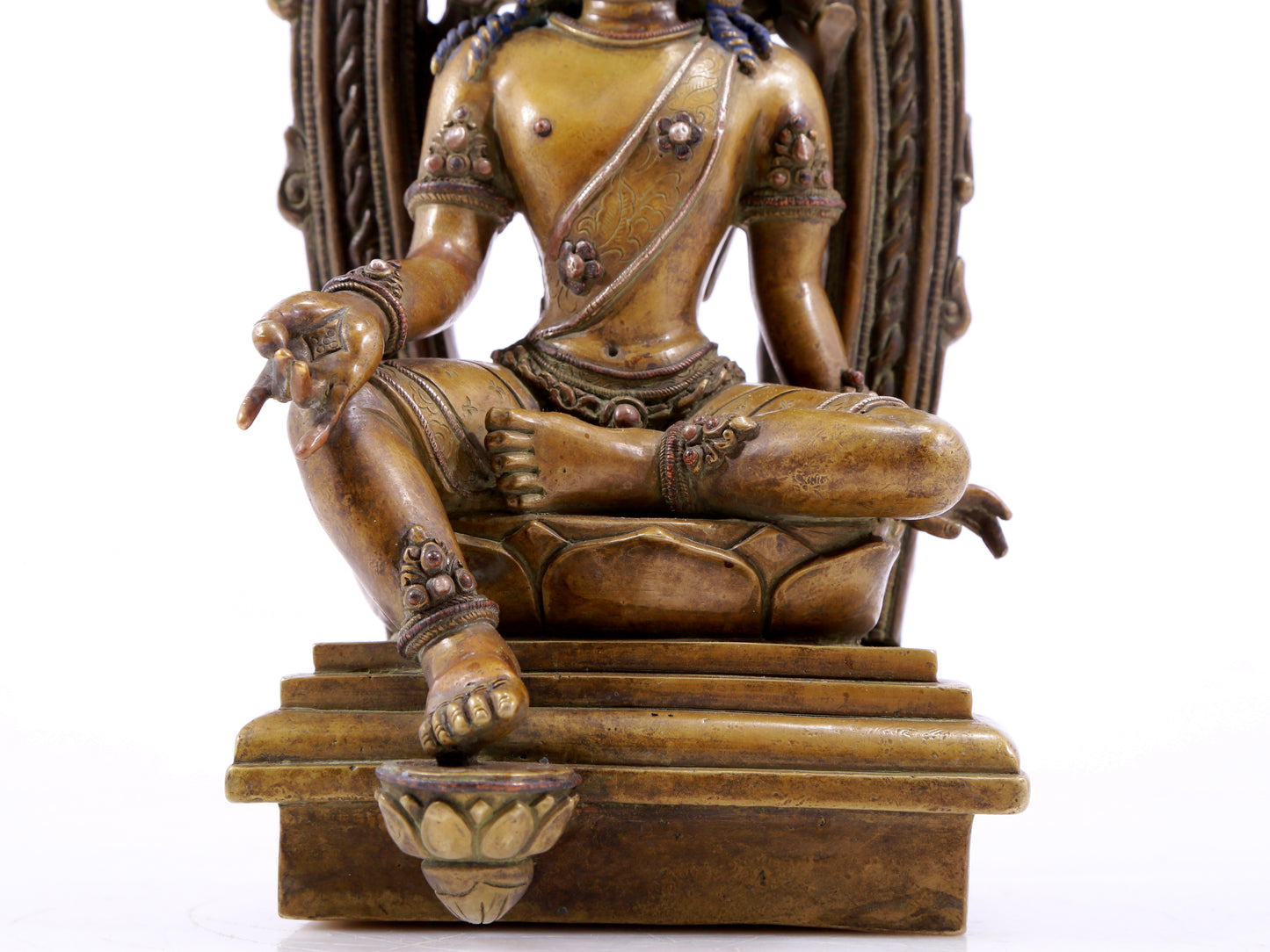 A solemn alloy copper inlaid silver-green Tara statue