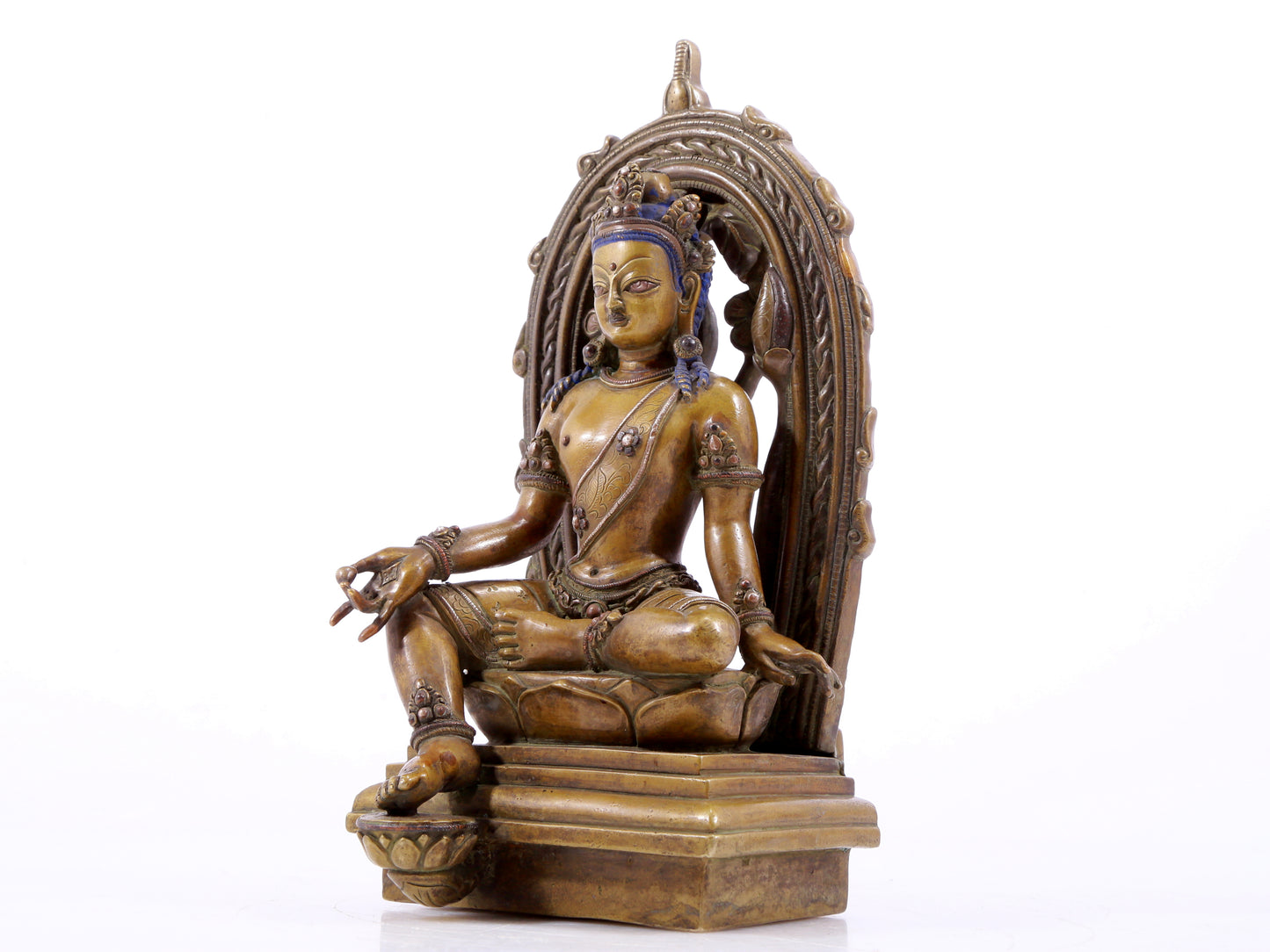 A solemn alloy copper inlaid silver-green Tara statue