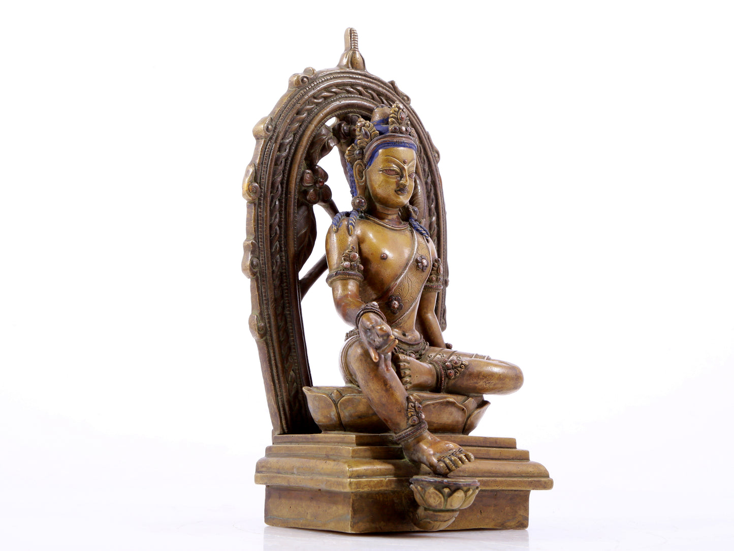 A solemn alloy copper inlaid silver-green Tara statue