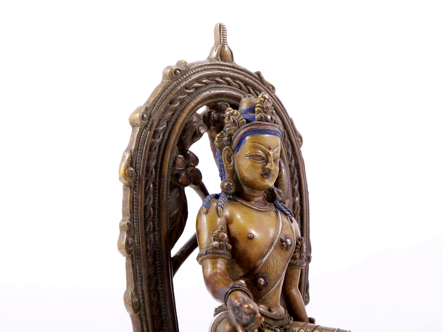 A solemn alloy copper inlaid silver-green Tara statue