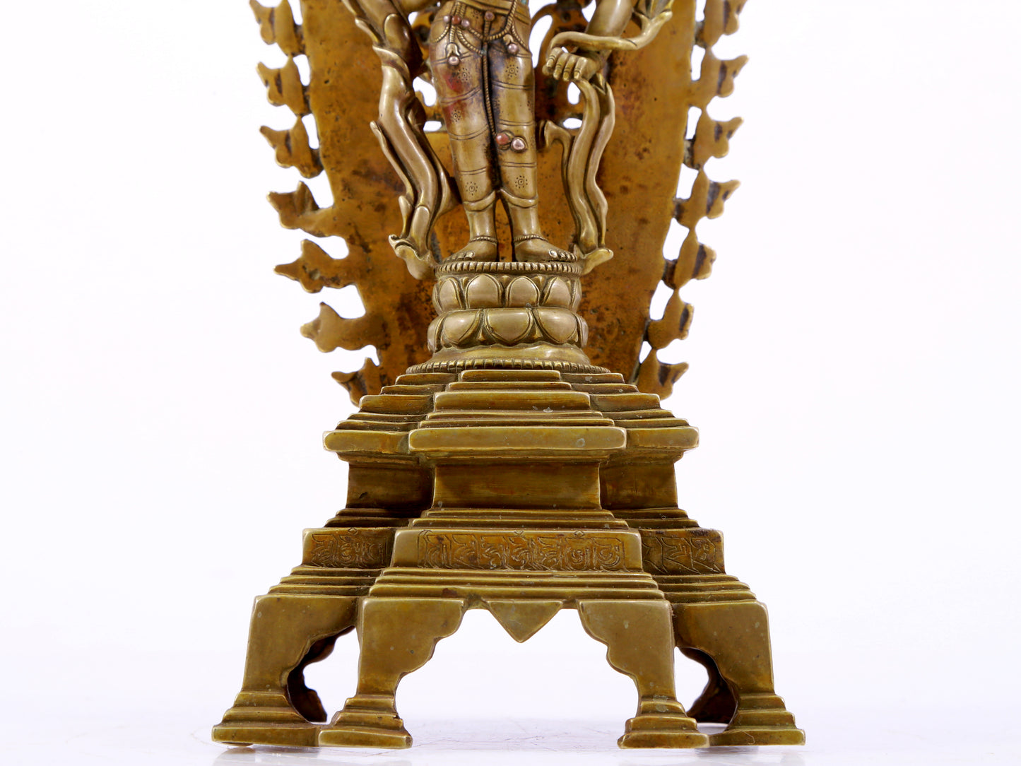 A majestic alloy copper inlaid silver standing statue of Tara