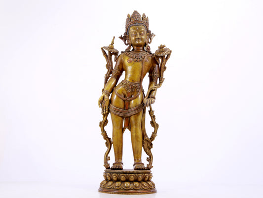 A majestic alloy copper inlaid silver standing statue of Tara