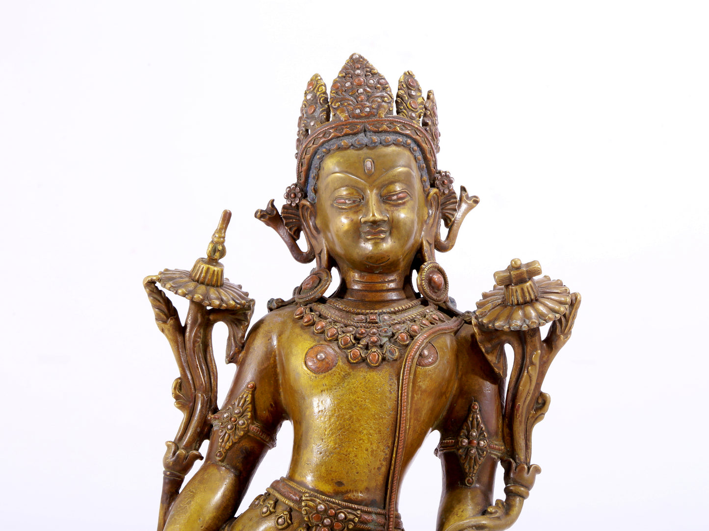 A majestic alloy copper inlaid silver standing statue of Tara