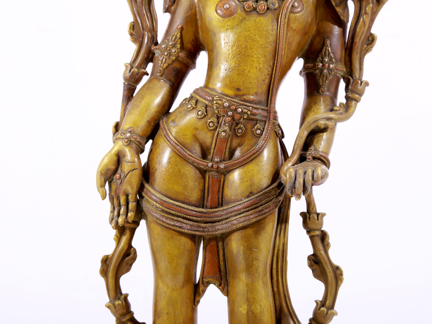 A majestic alloy copper inlaid silver standing statue of Tara