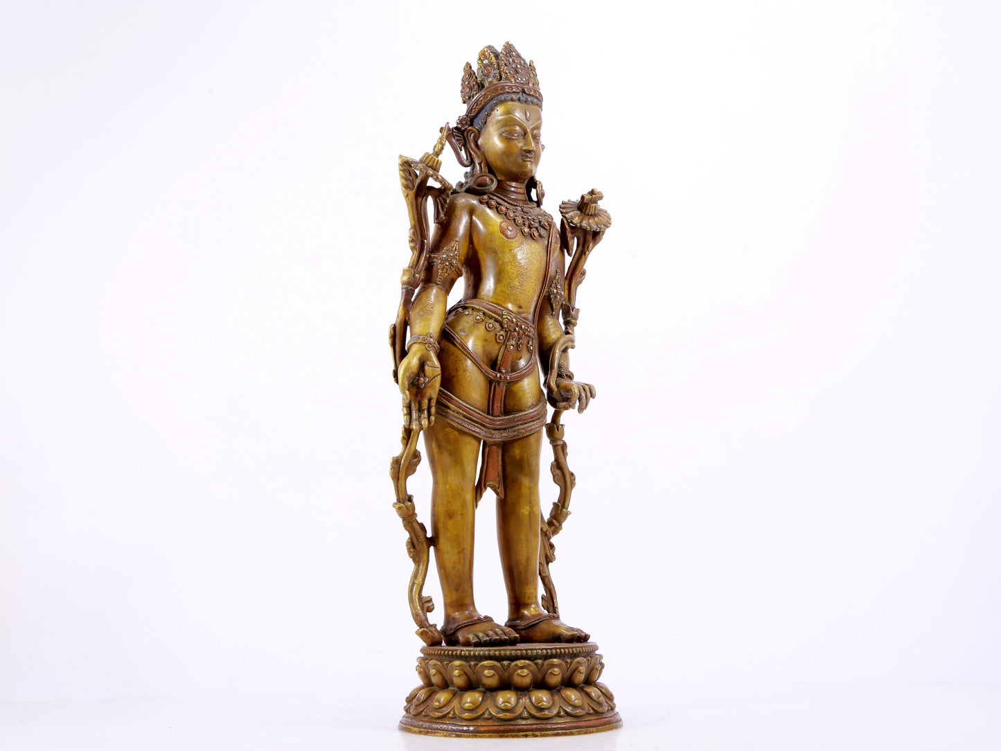 A majestic alloy copper inlaid silver standing statue of Tara