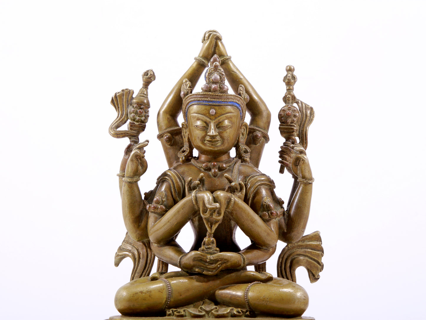 A solemn alloy copper inlaid silver eight-armed Guanyin statue