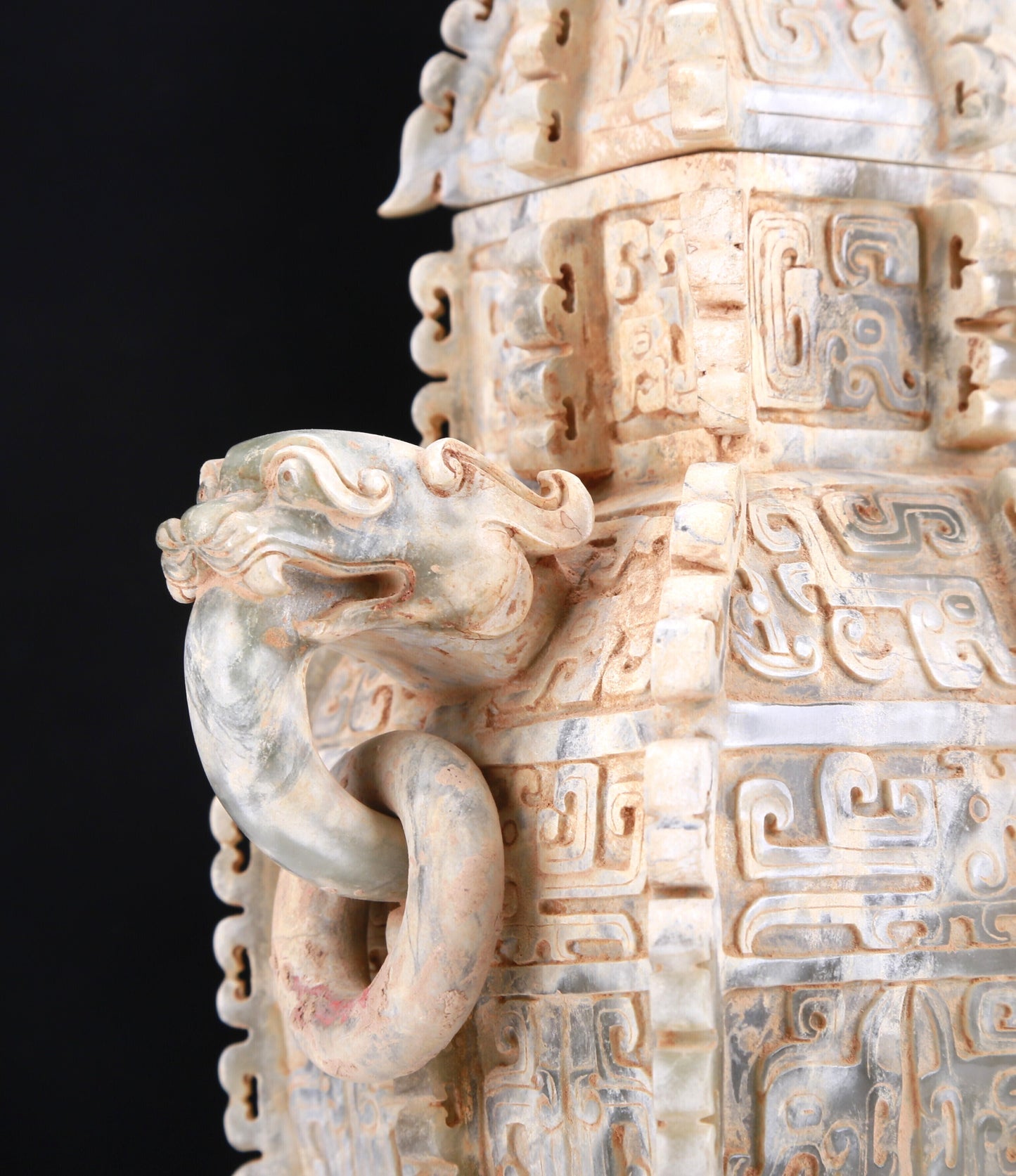 An Archaic Celadon-White Jade 'Auspicious Beast' Vase And Cover