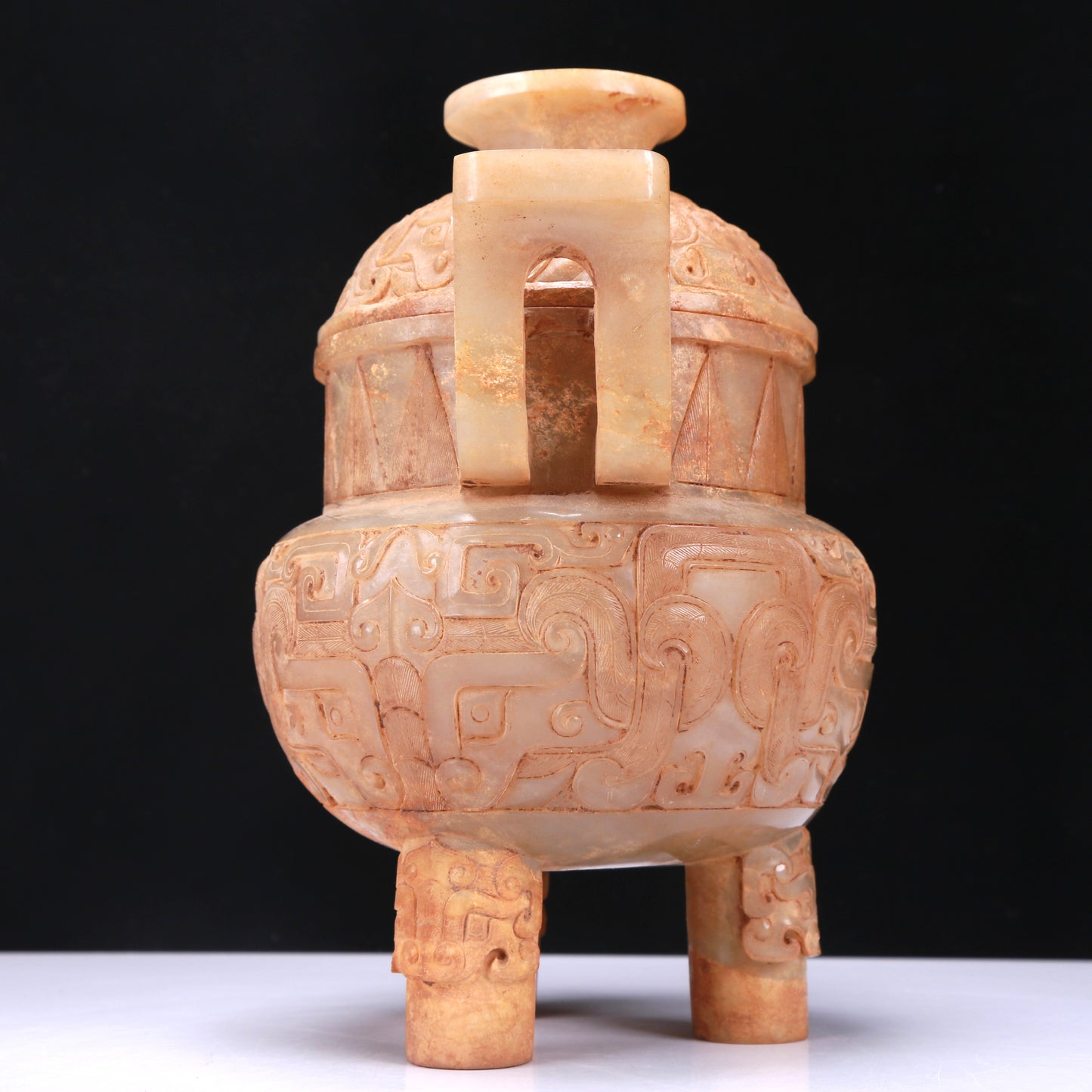 An Archaic White Jade 'Animal Mask' Tripod Censer And Cover