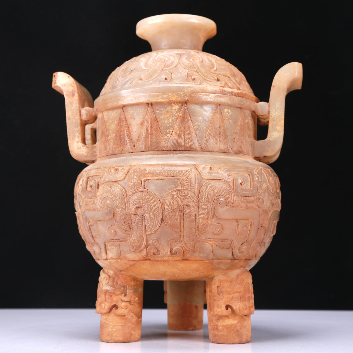 An Archaic White Jade 'Animal Mask' Tripod Censer And Cover