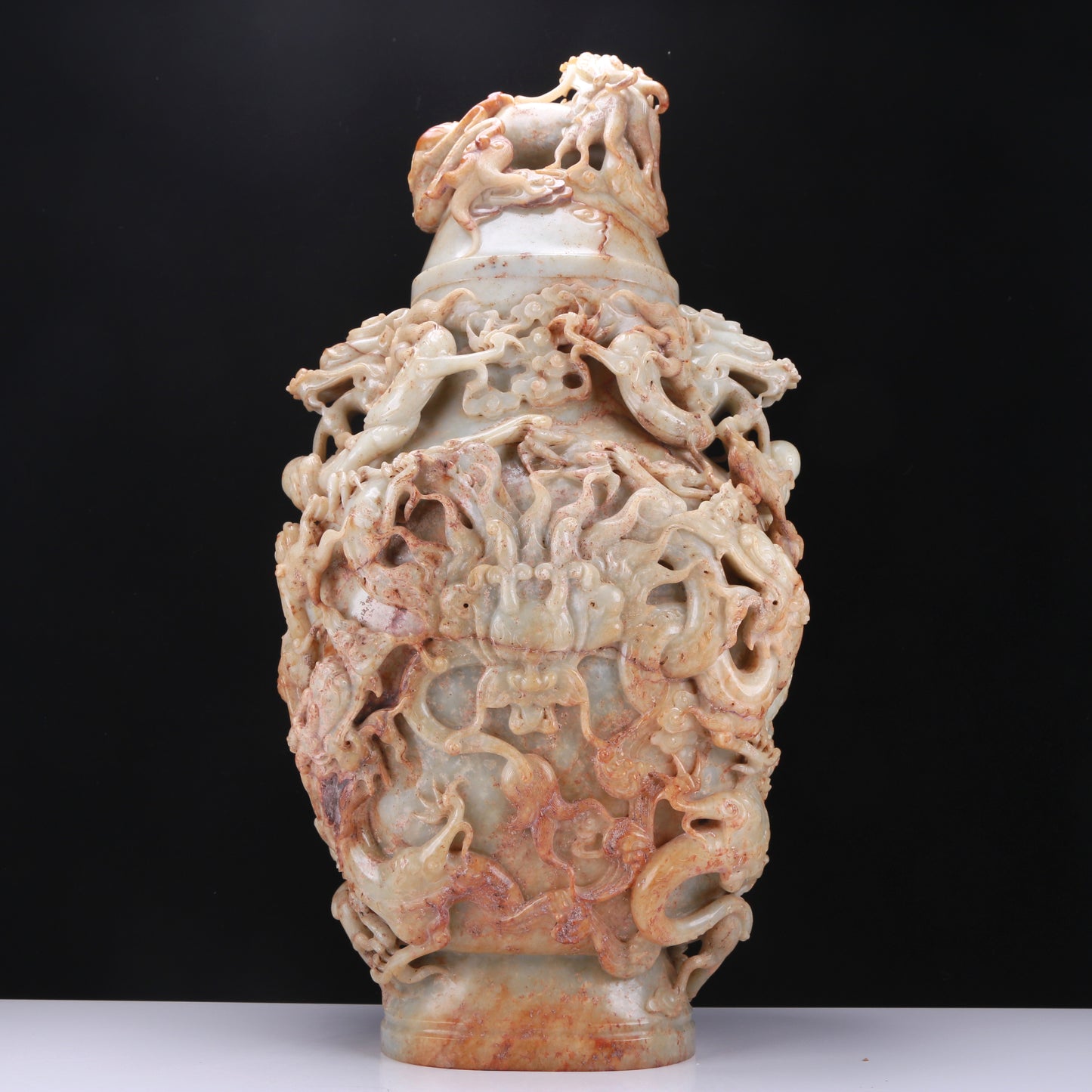 An Archaic White Jade 'Auspicious Cloud& Dragon' Vase And Cover