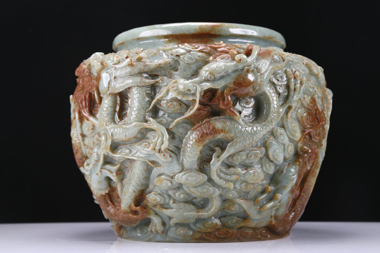 An Archaic Celadon-White Jade 'Auspicious Cloud& Dragon' Brushwasher