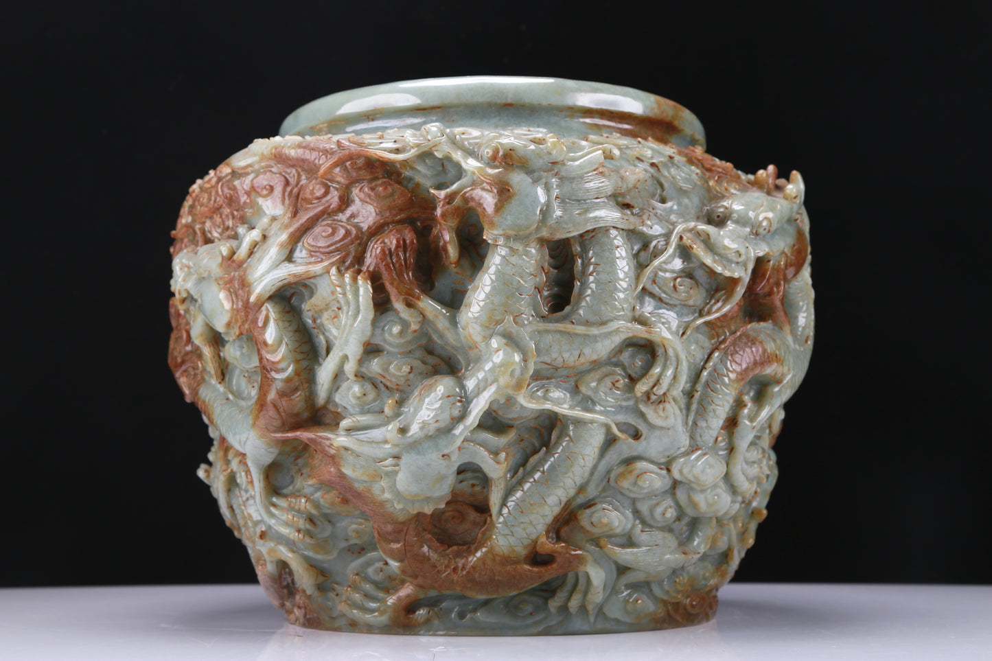 An Archaic Celadon-White Jade 'Auspicious Cloud& Dragon' Brushwasher