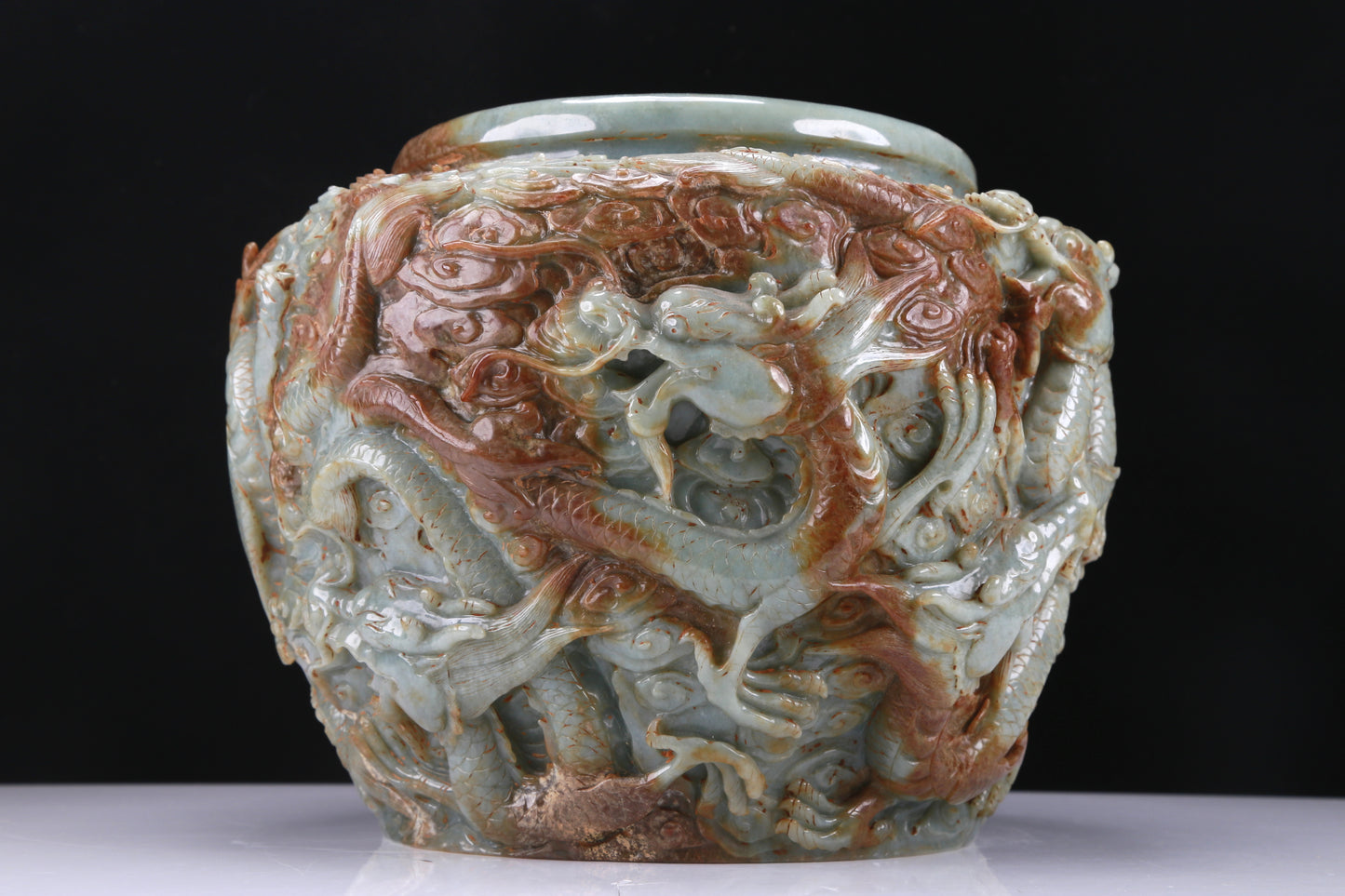 An Archaic Celadon-White Jade 'Auspicious Cloud& Dragon' Brushwasher