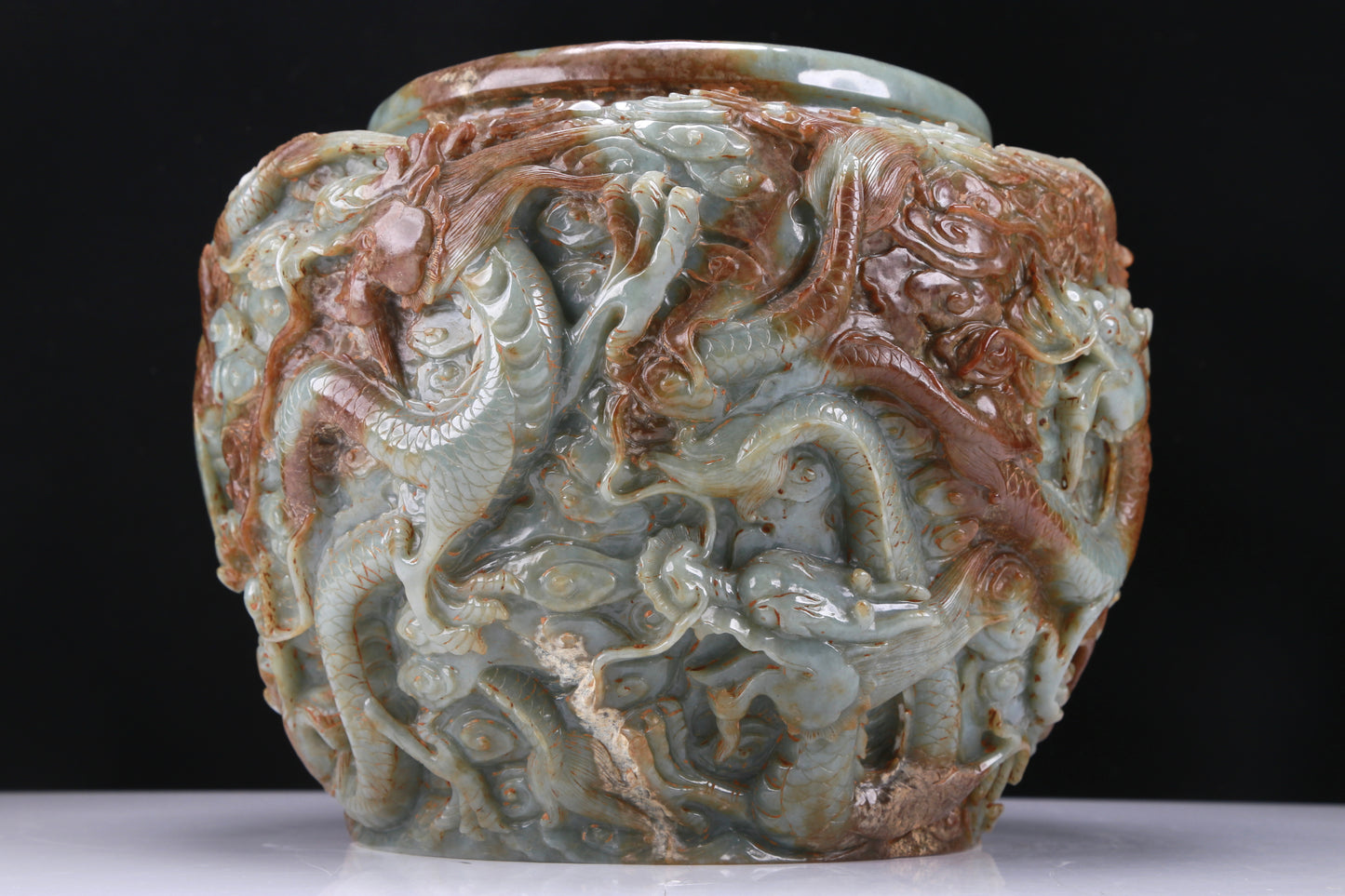 An Archaic Celadon-White Jade 'Auspicious Cloud& Dragon' Brushwasher