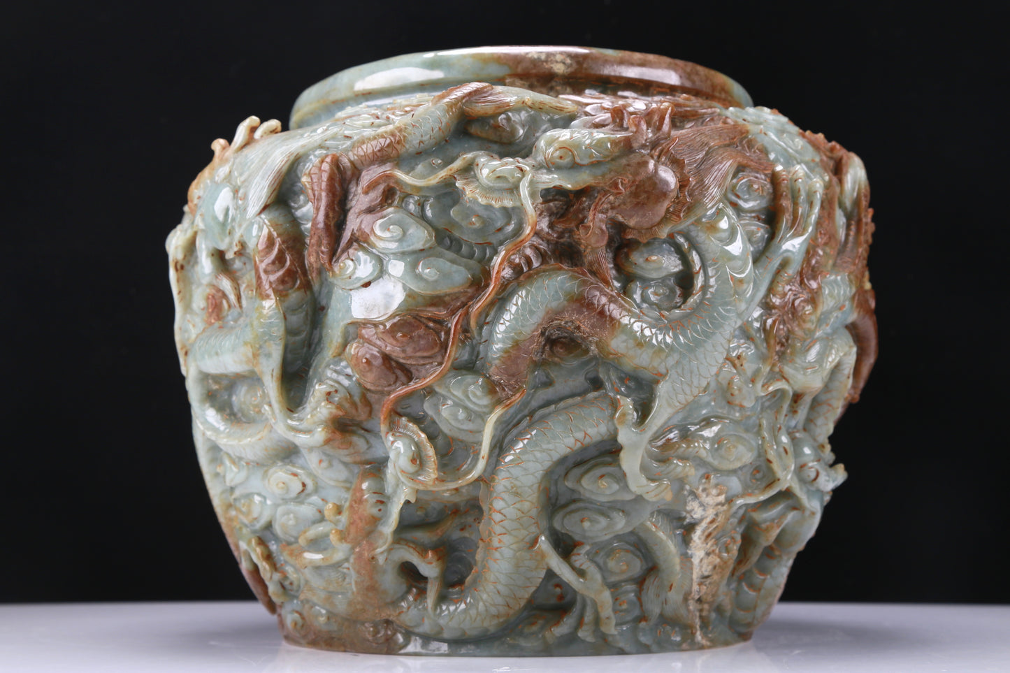 An Archaic Celadon-White Jade 'Auspicious Cloud& Dragon' Brushwasher