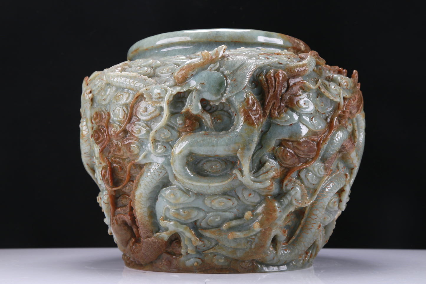 An Archaic Celadon-White Jade 'Auspicious Cloud& Dragon' Brushwasher