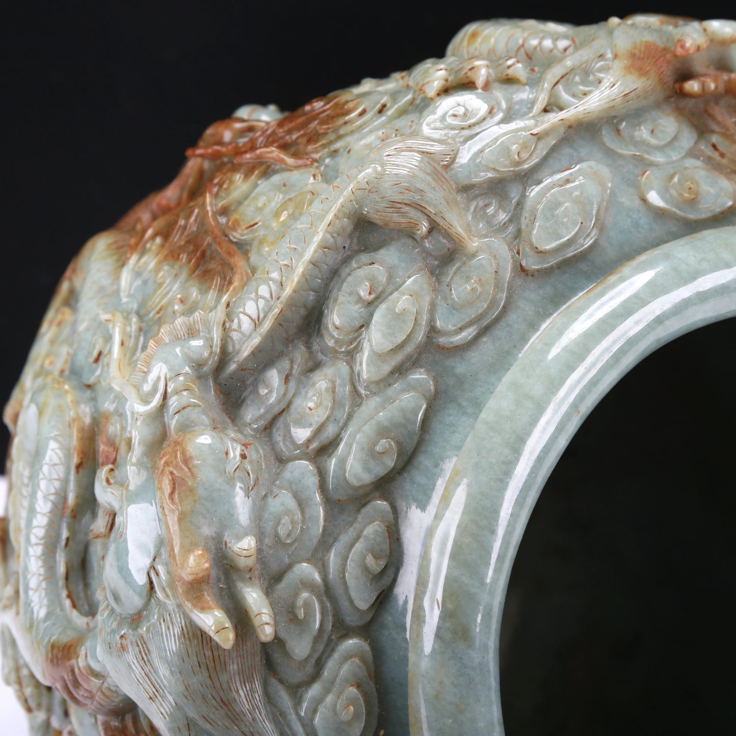 An Archaic Celadon-White Jade 'Auspicious Cloud& Dragon' Brushwasher