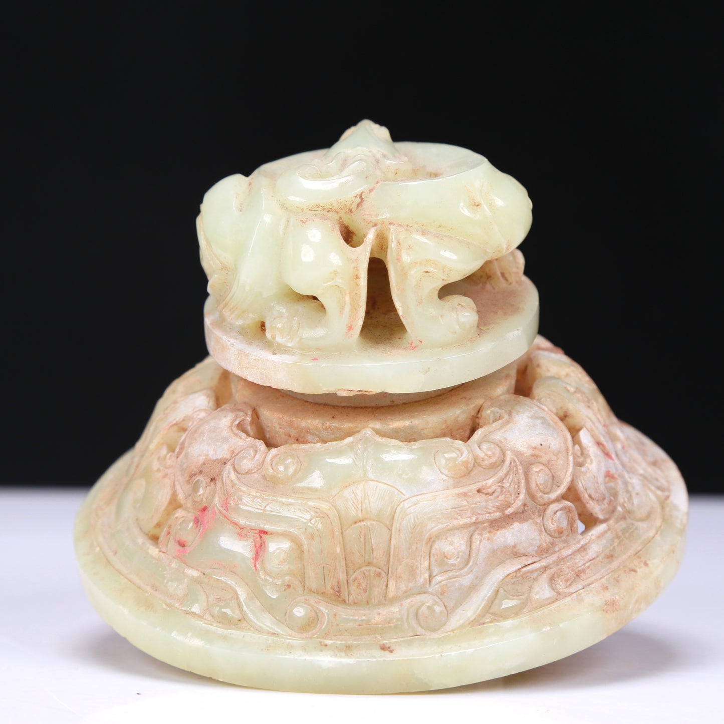 An Excellent Celadon-White Jade 'Animal Mask' Jar