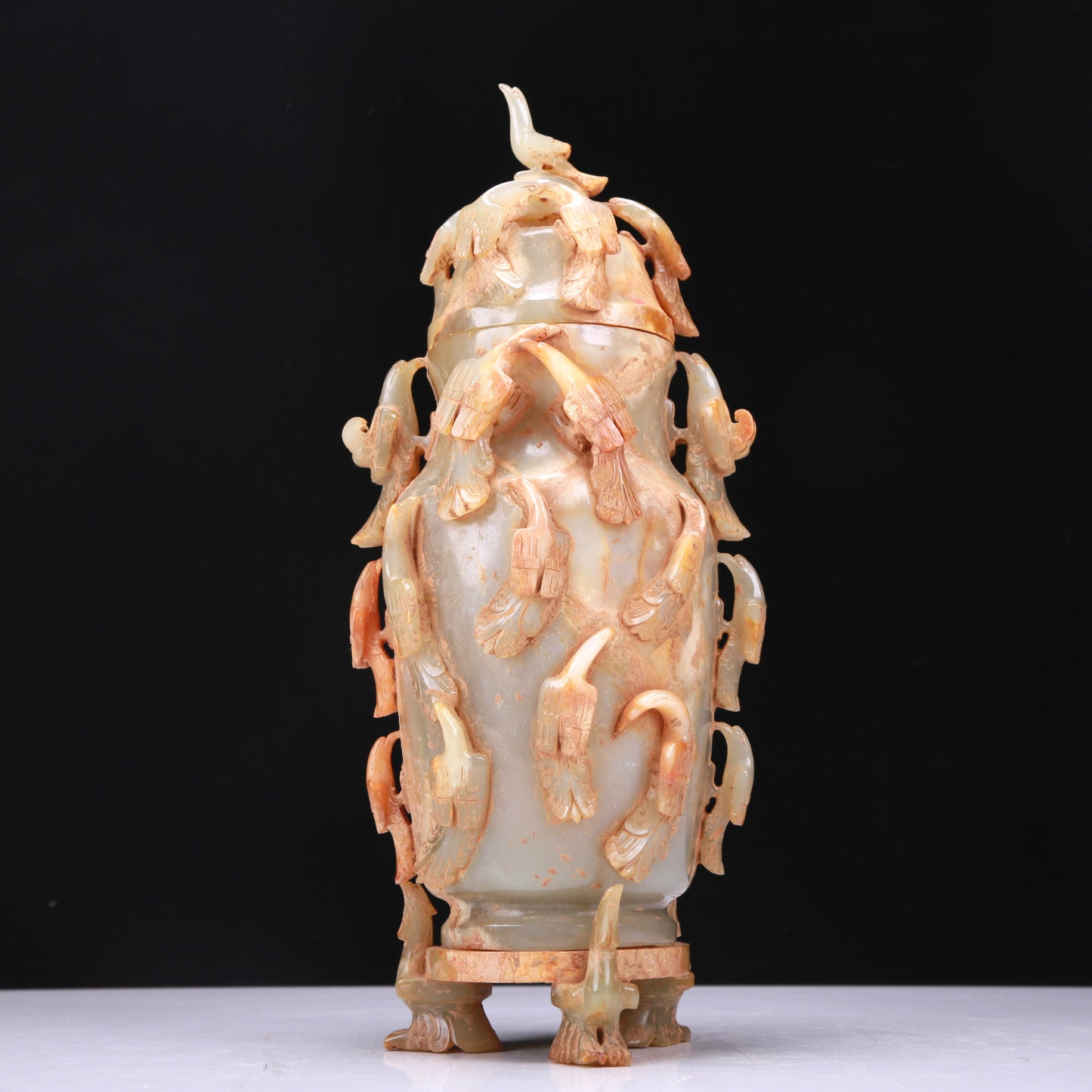 An Elaborate White Jade 'Bird' Vase And Cover