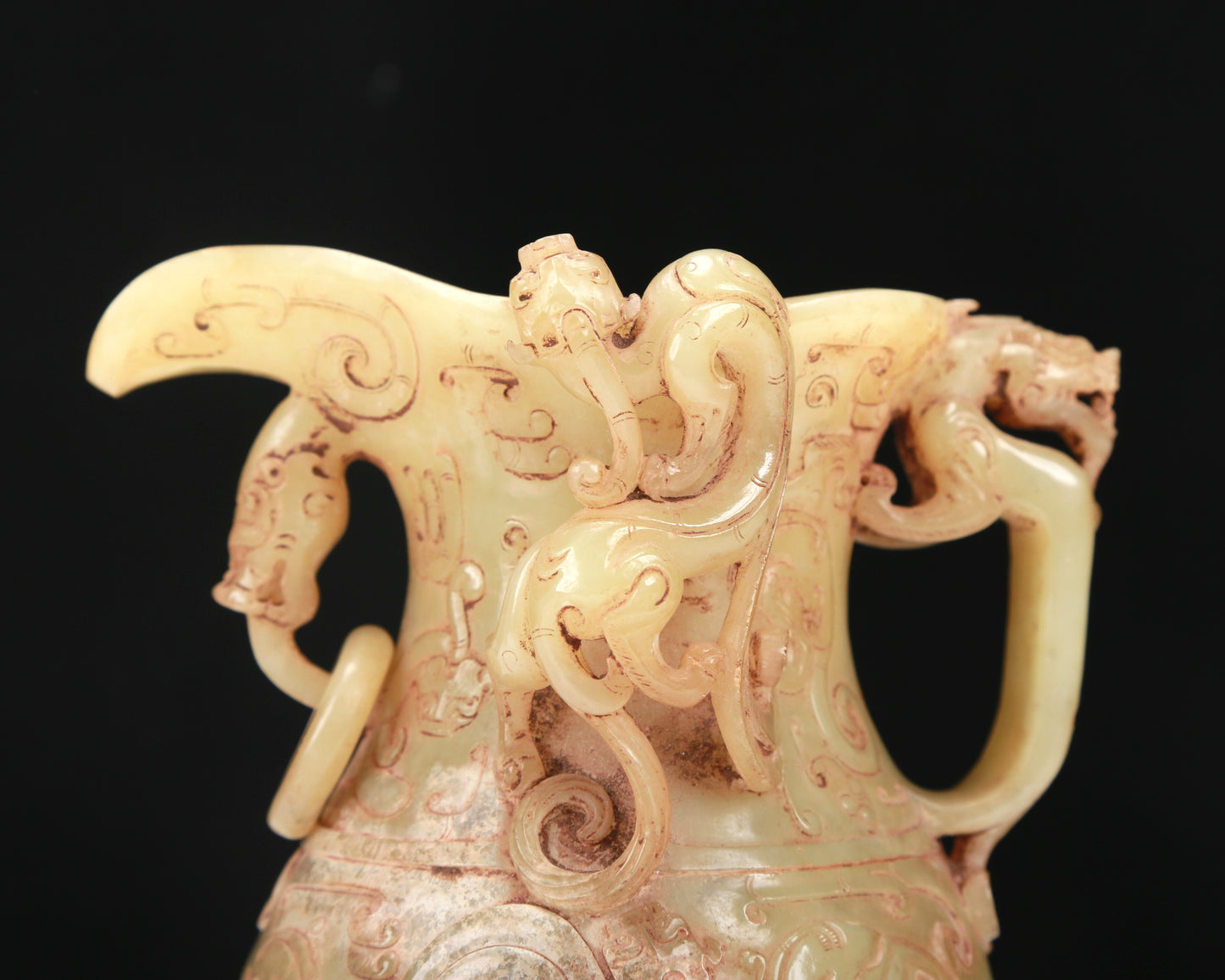 An Elaborate Yellow Jade 'Chi-Dragon' Tripod Ewer With Four 'Chi-Dragon' Cups