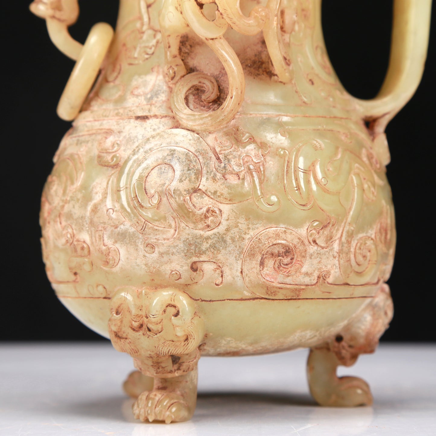 An Elaborate Yellow Jade 'Chi-Dragon' Tripod Ewer With Four 'Chi-Dragon' Cups