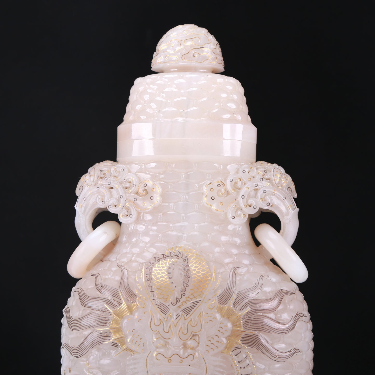 An Elaborate White Jade Gilded 'Dragon& Phoenix' Vase And Cover