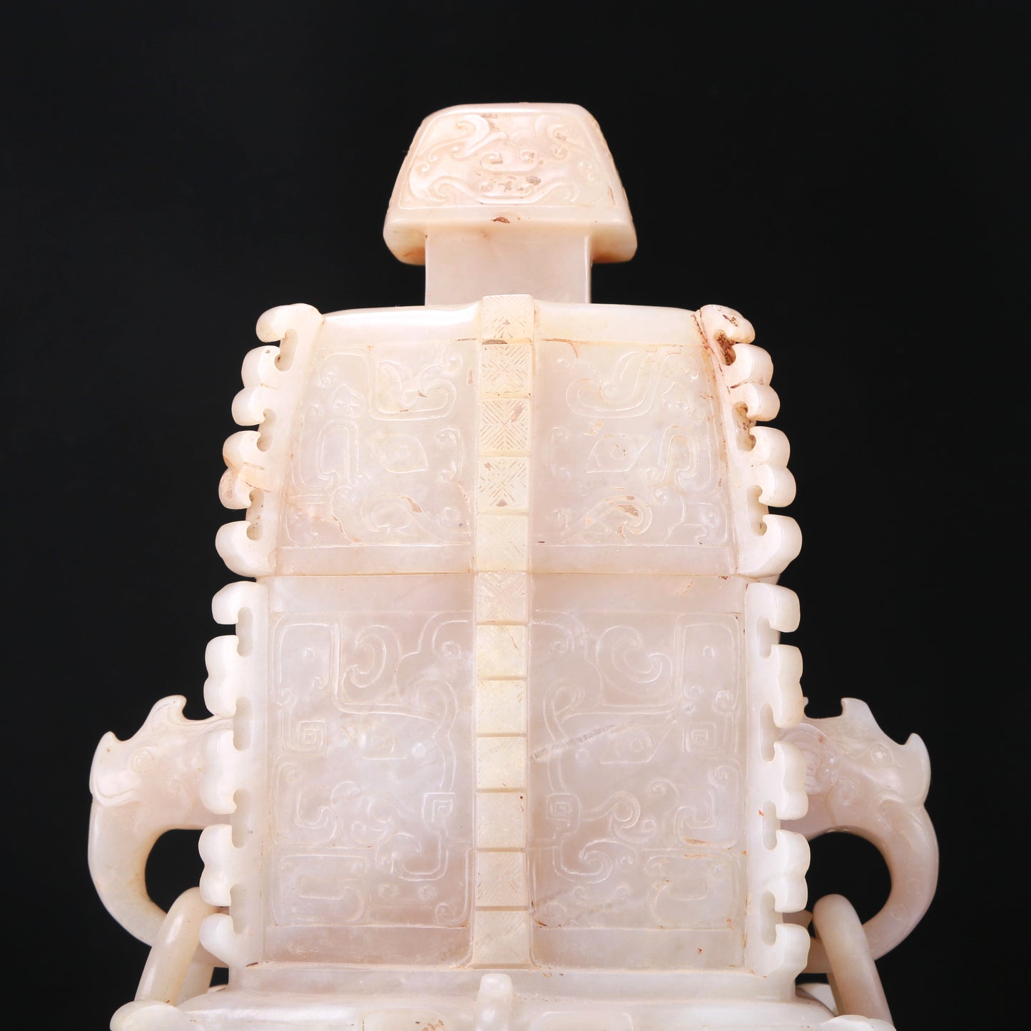 An Elaborate White Jade 'Animal Mask' Vase And Cover