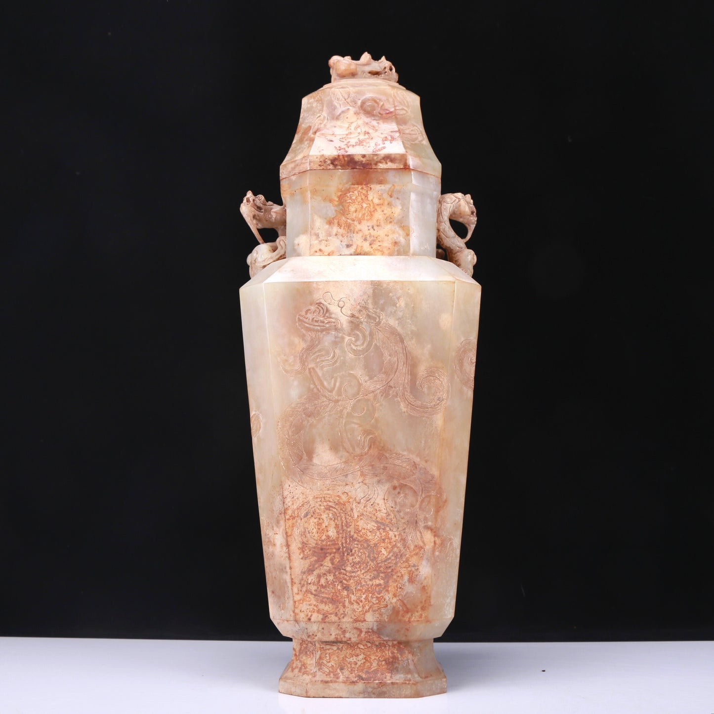 An Elaborate White Jade 'Dragon' Vase And Cover