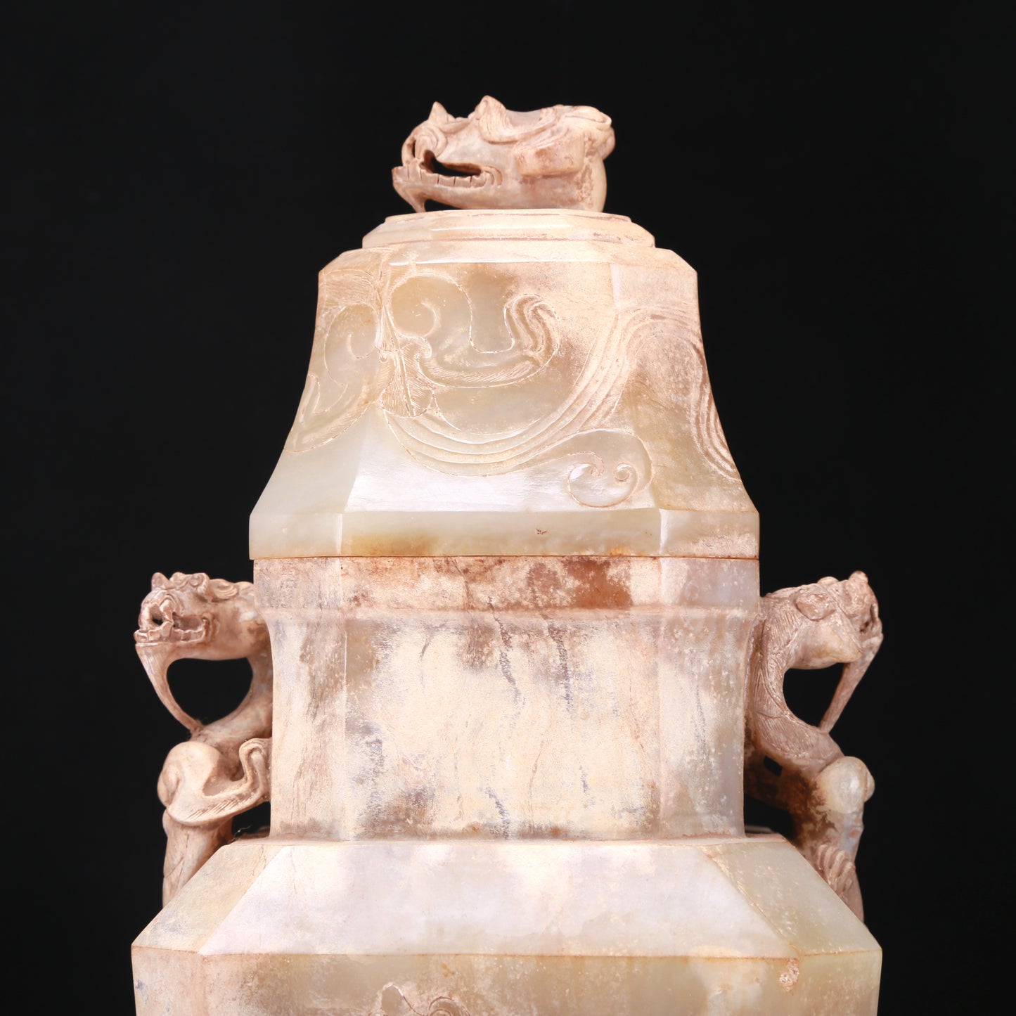 An Elaborate White Jade 'Dragon' Vase And Cover