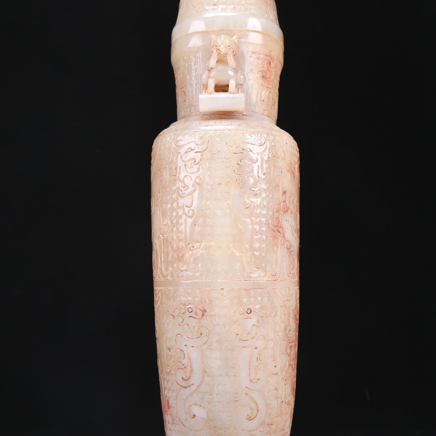 An Elaborate White Jade 'Animal Mask' Vase And Cover