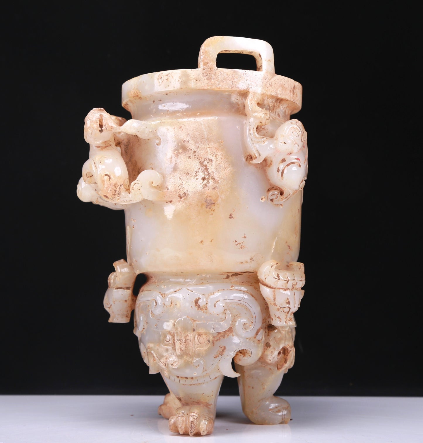 An Elaborate White Jade 'Chi-Dragon' Tripod Censer