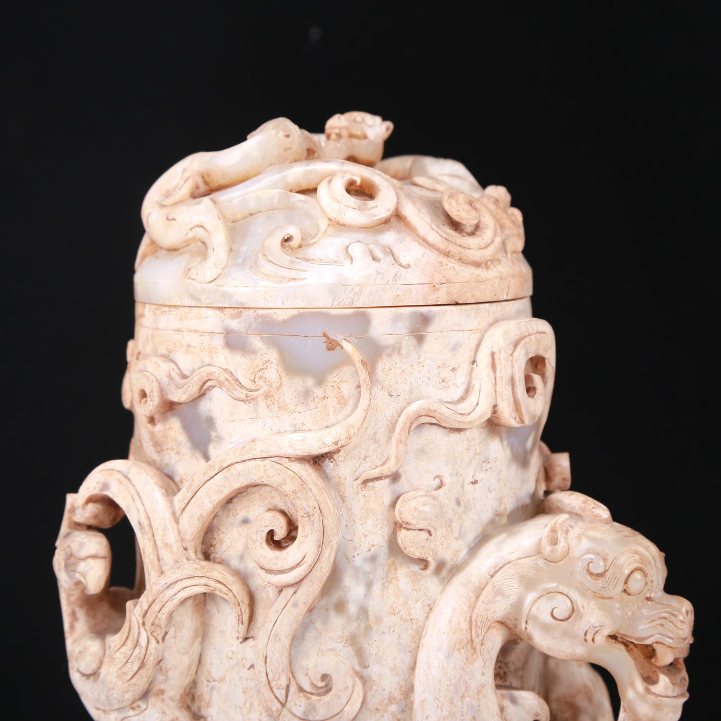 An Elaborate White Jade 'Dragon& Phoenix' Tripod Jar And Cover