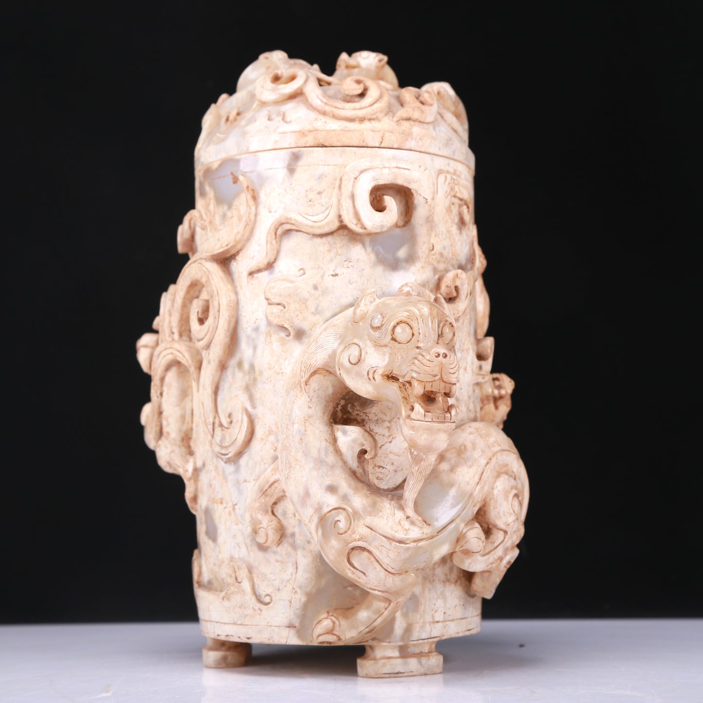 An Elaborate White Jade 'Dragon& Phoenix' Tripod Jar And Cover