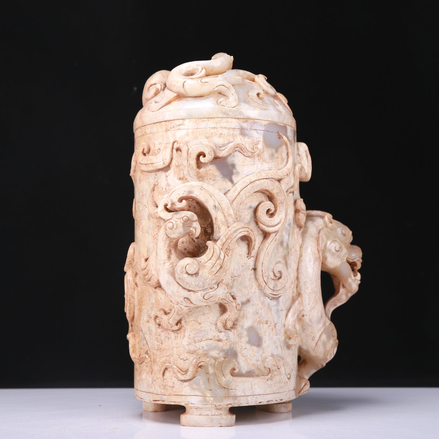 An Elaborate White Jade 'Dragon& Phoenix' Tripod Jar And Cover