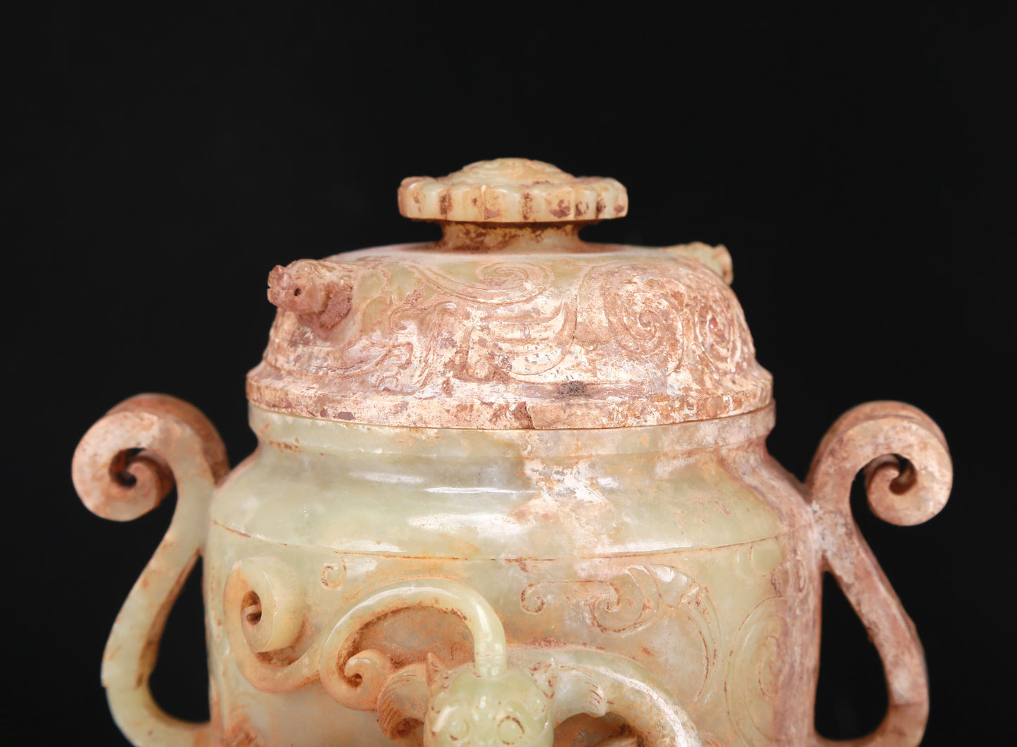 An Elaborate White Jade 'Dragon' Tripod Jar