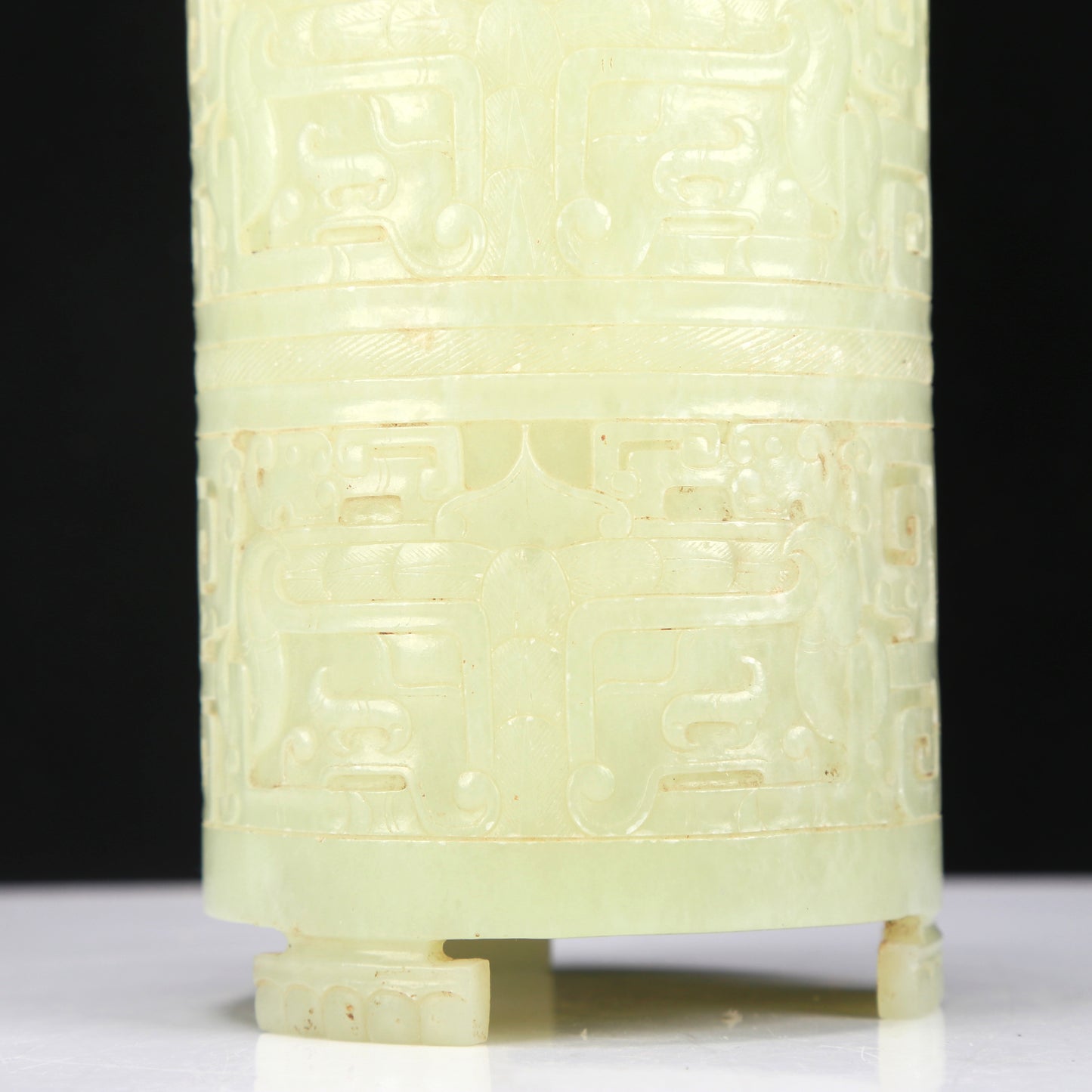 A Fabulous Yellow Jade 'Animal Mask' Tripod Brush Pot