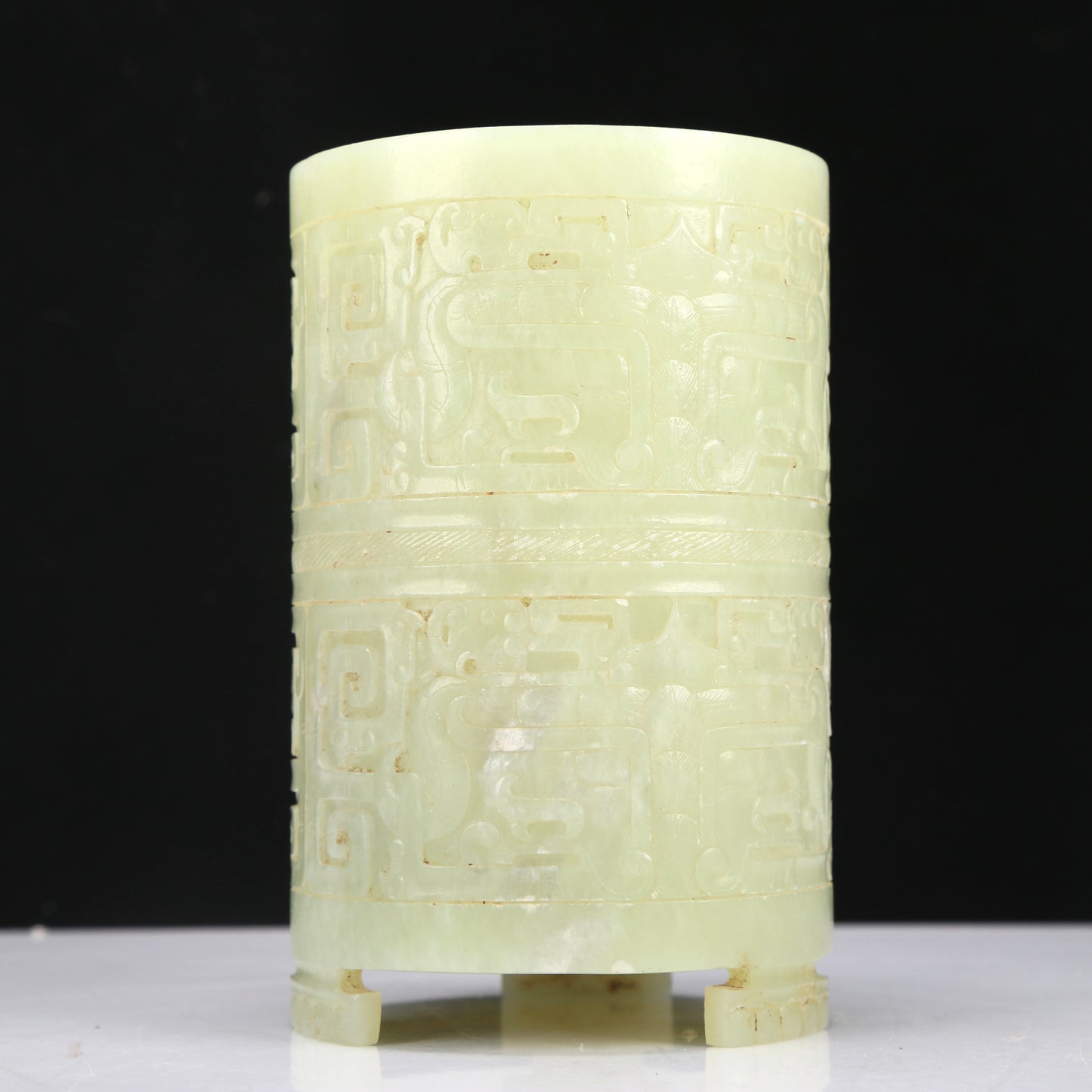 A Fabulous Yellow Jade 'Animal Mask' Tripod Brush Pot