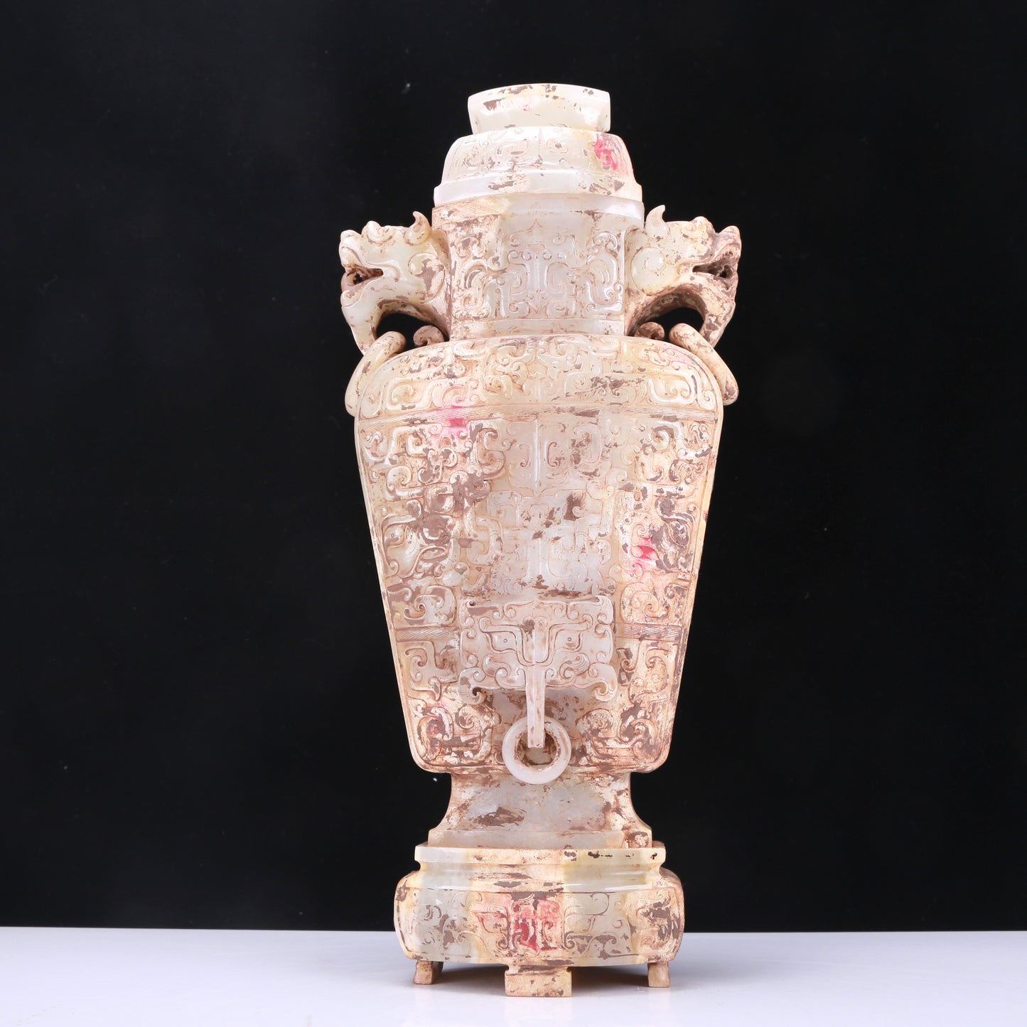 A Fabulous White Jade 'Animal Mask' Vase And Cover