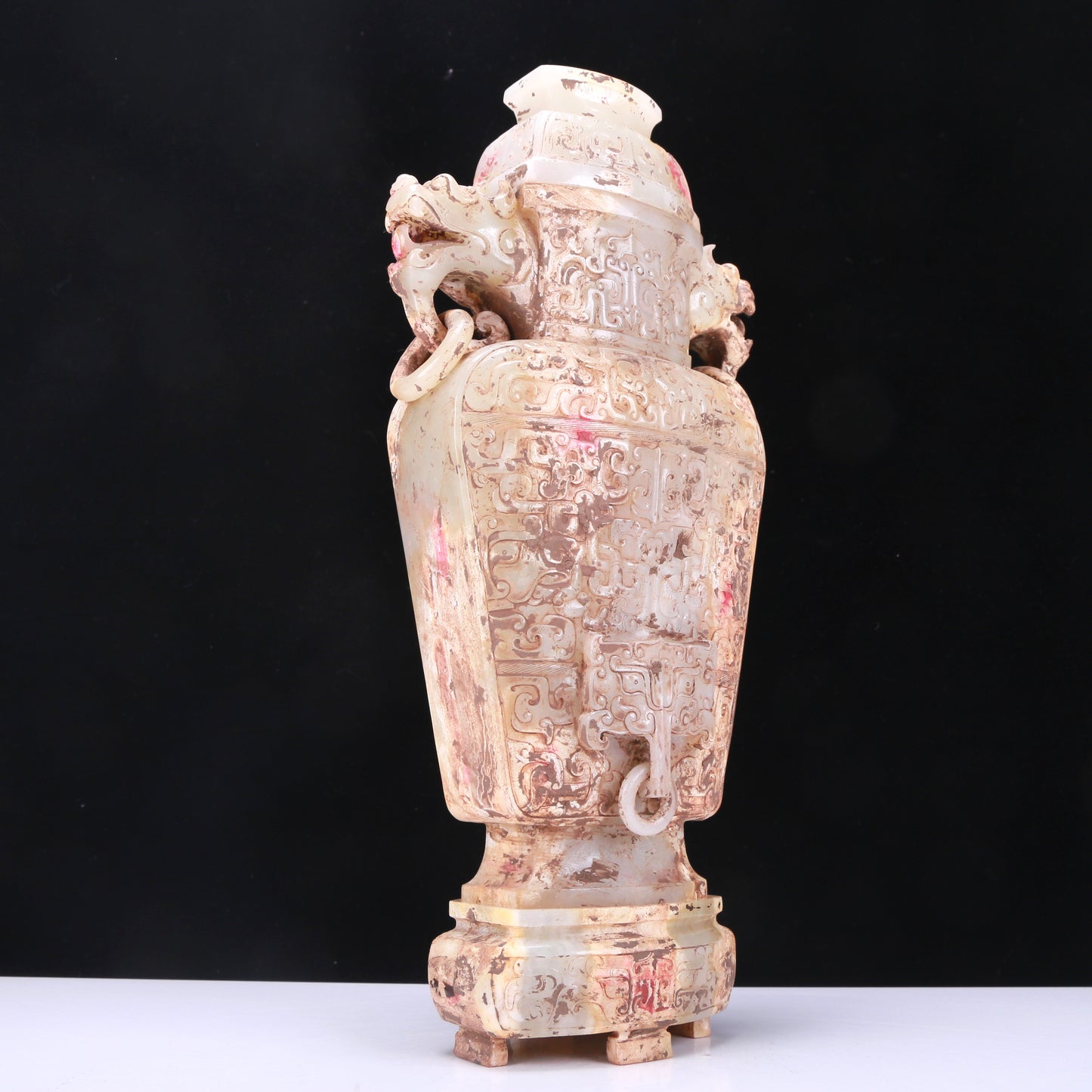 A Fabulous White Jade 'Animal Mask' Vase And Cover