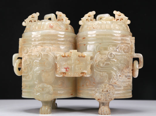 An Archaic Yellow Jade 'Animal Mask' Double-Jar And Cover