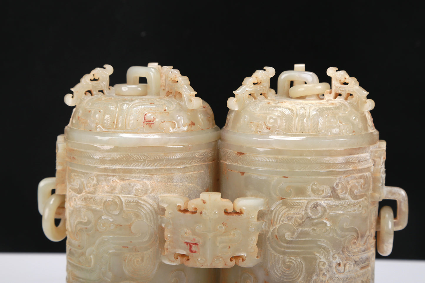 An Archaic Yellow Jade 'Animal Mask' Double-Jar And Cover