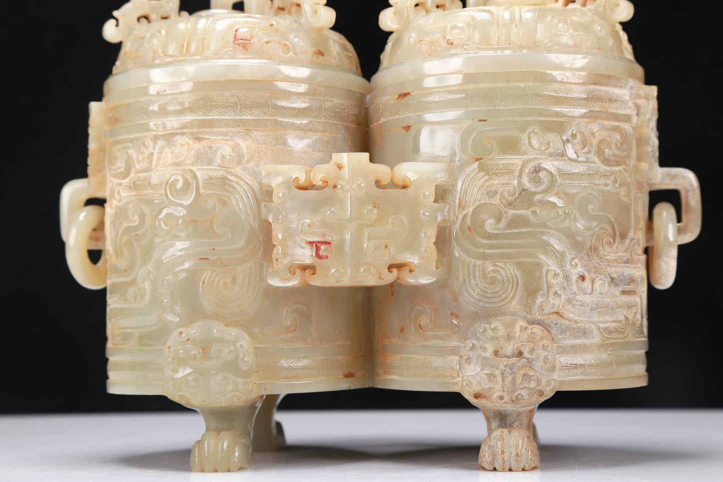 An Archaic Yellow Jade 'Animal Mask' Double-Jar And Cover